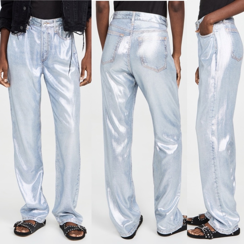 rag & bone Metallic Light Blue High-Rise Straight Jeans